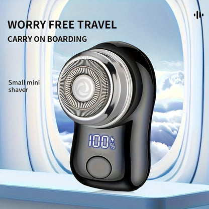 Compact Black Dual-Ring Rotary Electric Razor with Digital Battery Display, USB Cable and Travel-Size Body