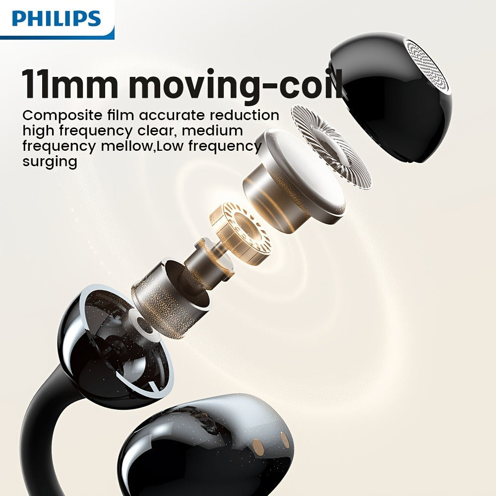Philips TWS Ear Clip Sport Headset Hi-Fi Bass Stereo HD Calls Earhook Wireless Bluetooth for Music Gaming Business iOS Android Gift for Couples Valentine Black Gold