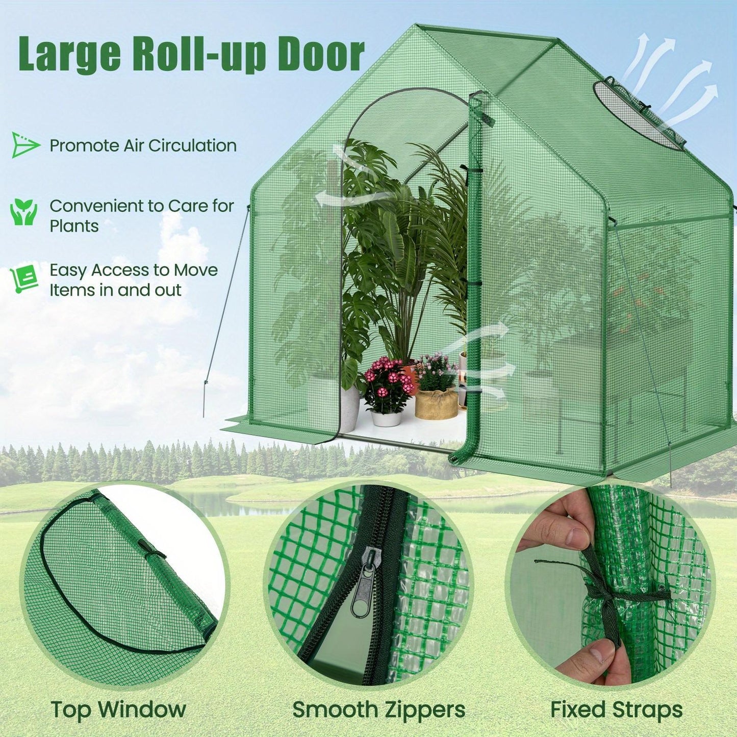 6 x 3 x 5.5-Foot Walk-In Greenhouse with Green Grid Cover, Roll-Up Door and Top Vent Window