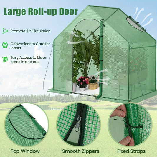 Walk-In Warm House Greenhouse 6x3x5.5ft with PE Grid Cover, Rustproof PE-Coated Metal Frame, Roll-Up Door & Top Vent Window, Portable Outdoor Hot House for Winter Garden, Green