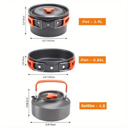 Camping Cookware Set, Aluminum Pot, Frying Pan and Kettle Kit with Folding Handles, Cutlery and Carry Bag