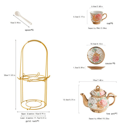 Twenty-Piece Floral Ceramic Tea Set with 15-Ounce Teapot, Six Cups, Saucers, Spoons and Metal Rack