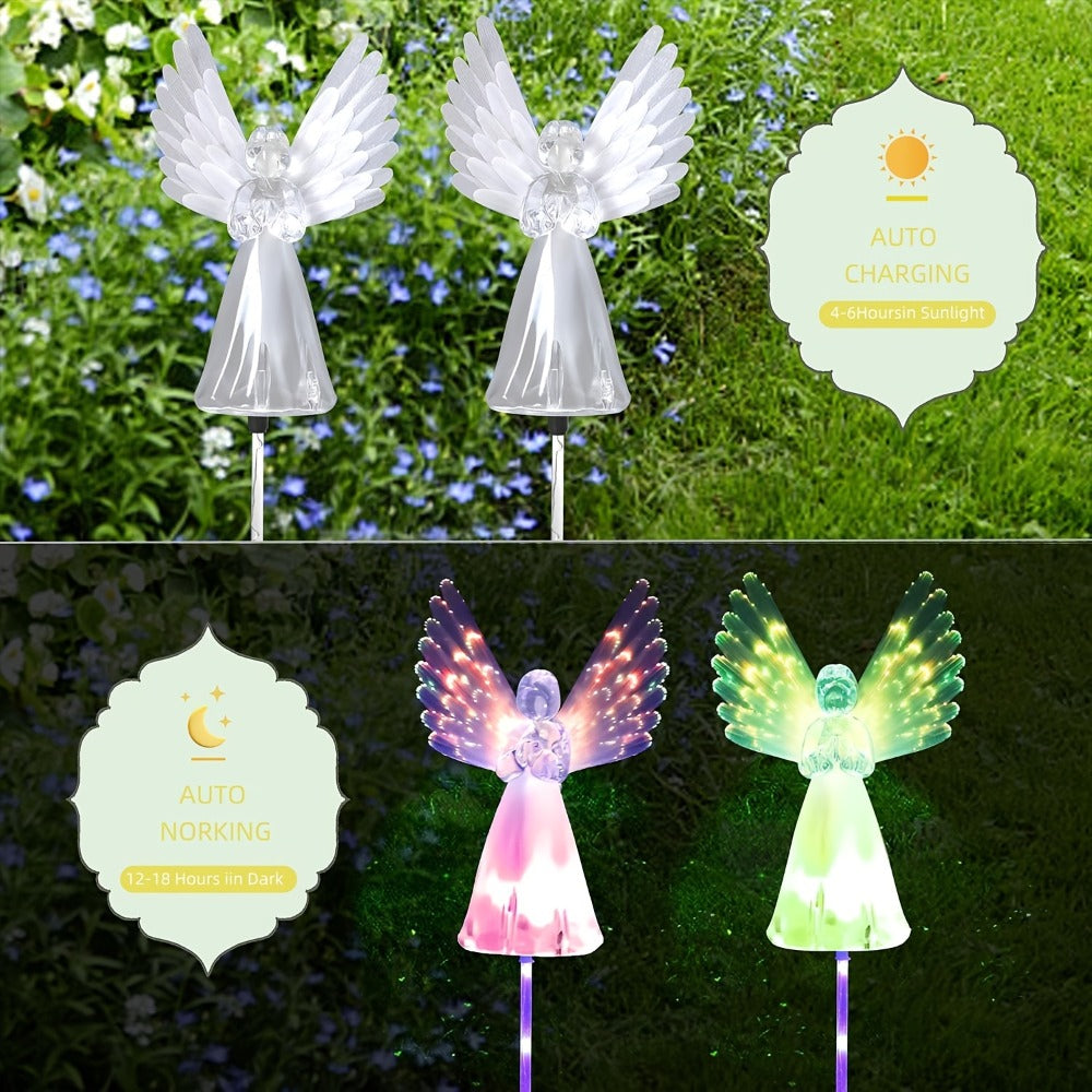 Solar Garden Lights Color-Changing Angel Stakes with 7-Color LEDs in 2- or 4-Pack Sets for Memorial Decor