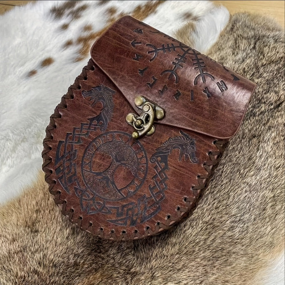 Costume Accessories Faux Leather Medieval Belt Pouch with Five Embossed Design Options in Brown or Black