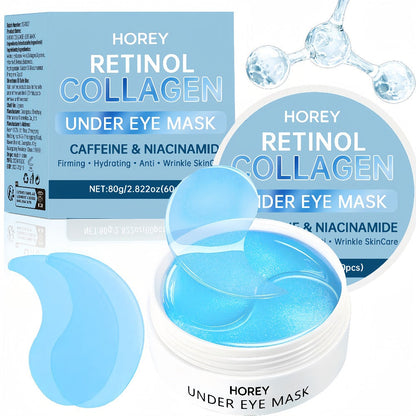 HOREY Blue Under-Eye Patch Jar with 60 Pieces and Retinol, Collagen, Caffeine and Niacinamide Package Wording