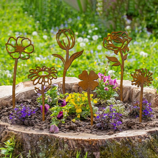 Garden Stakes Rusty Flat Metal | Rose Dandelion Patio Flower Pot