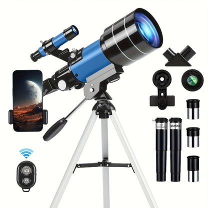 Portable 70 mm Aperture Telescope with Blue or White TS-70300 Models, Tripod, Phone Holder and Eyepieces