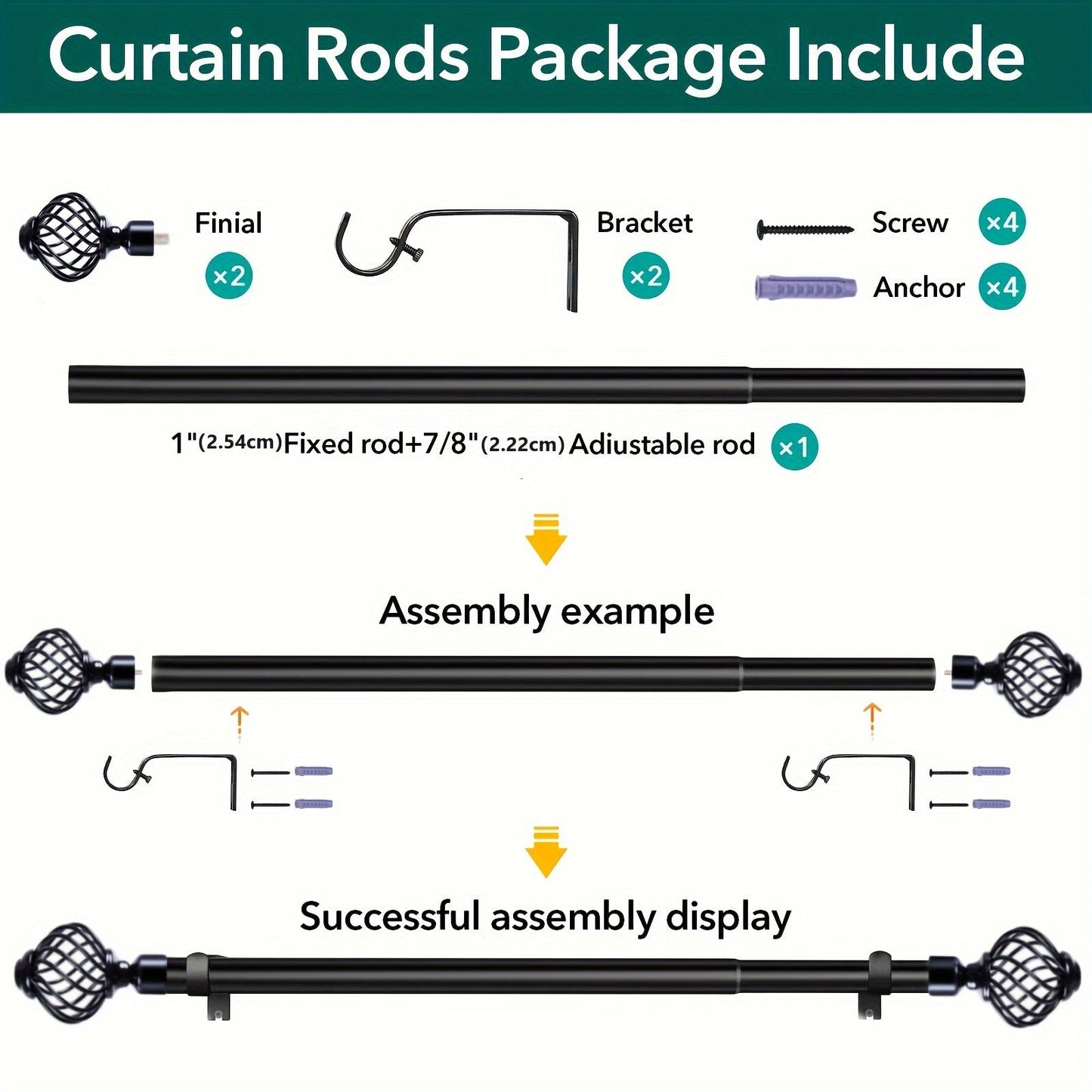 Black Adjustable Curtain Rod with Lattice Finials and Four Length Ranges from 18–32 to 34–152 Inches