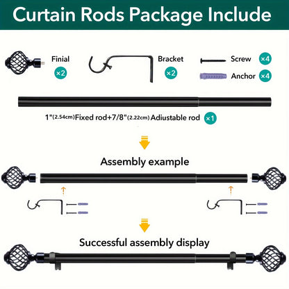 Black Adjustable Curtain Rod with Lattice Finials and Four Length Ranges from 18–32 to 34–152 Inches