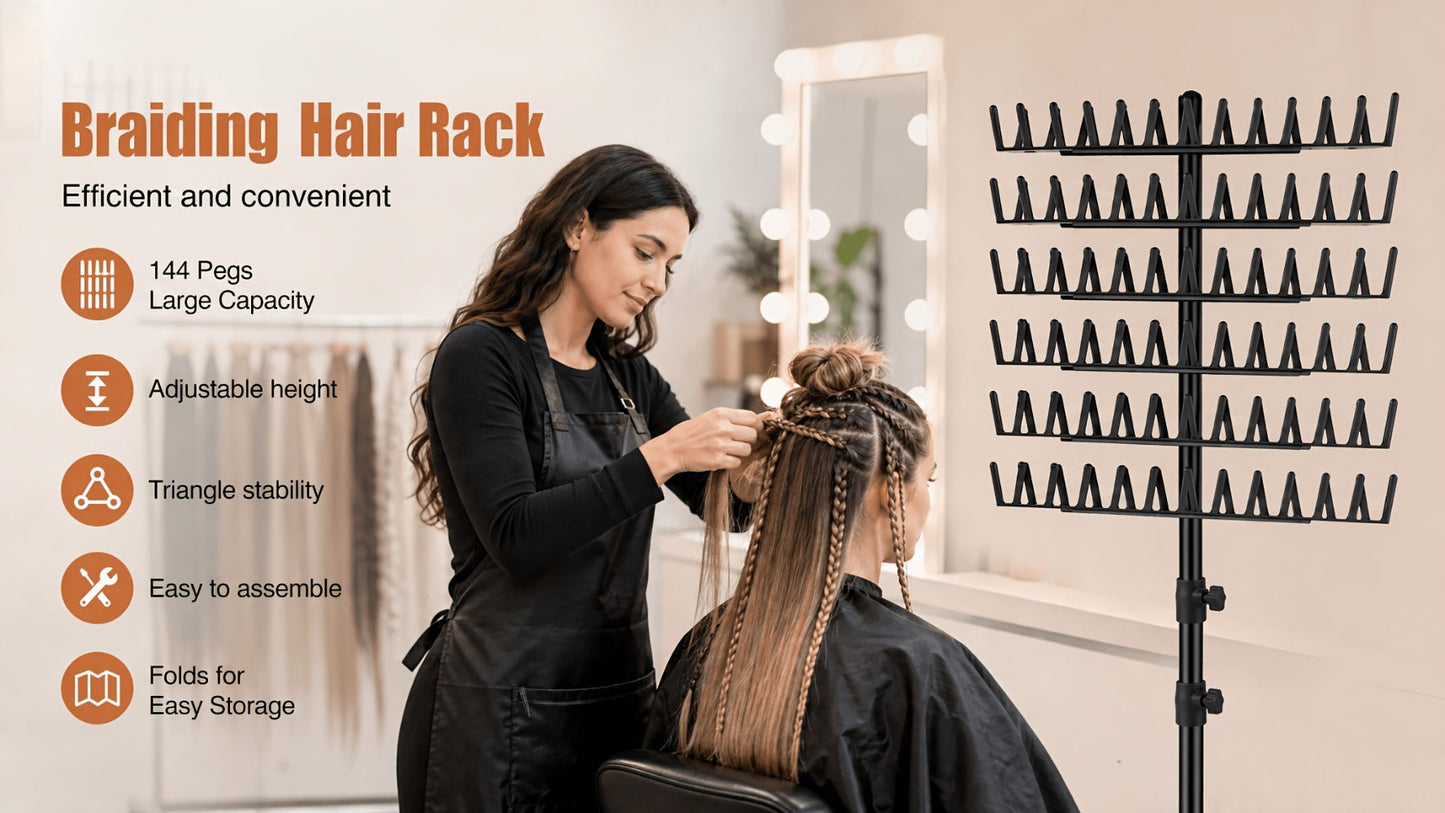 Braiding Hair Rack Hair Styling Tool with 144-Strand Layout, 30-50-Inch Height and Foldable Stand