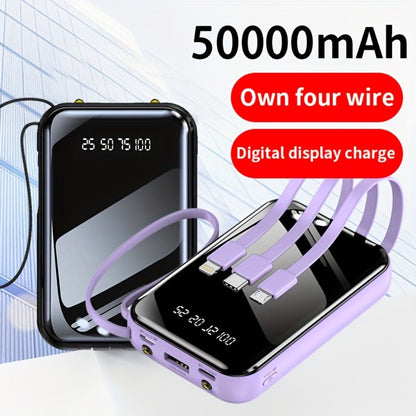 3-in-1 Built-in Cables Power Bank 50000mAh Portable Charger with Smart Digital Display Flashlight Apple Lightning Type-C USB Safe Lithium Battery Pack Outdoor Emergency Travel Gift