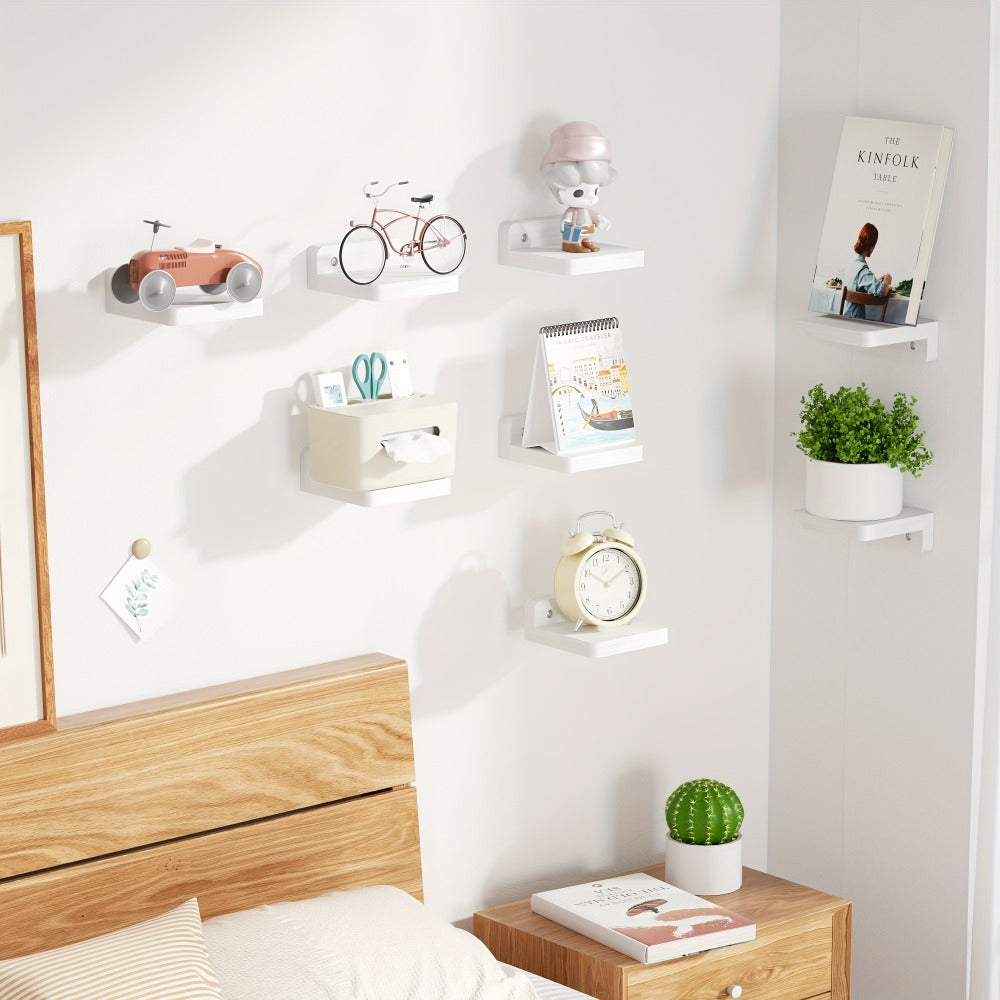Eight-Piece 4-Inch Wall Shelf Set with Compact Square Ledges, Pure Black Finish and Mounting Hardware