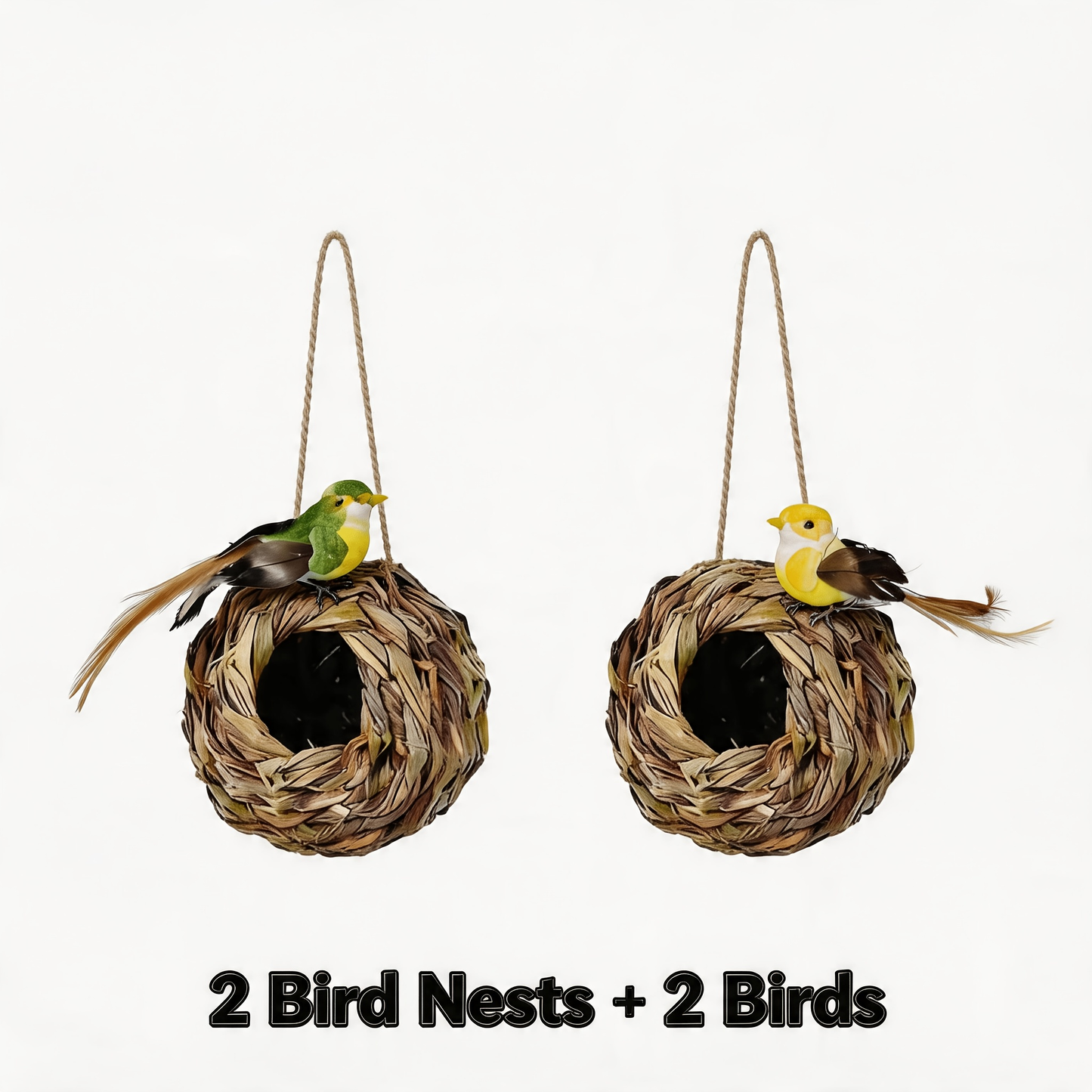 Two-Piece Woven Hanging Bird Nest Set with Round Openings and Optional Pair of Decorative Bird Figures