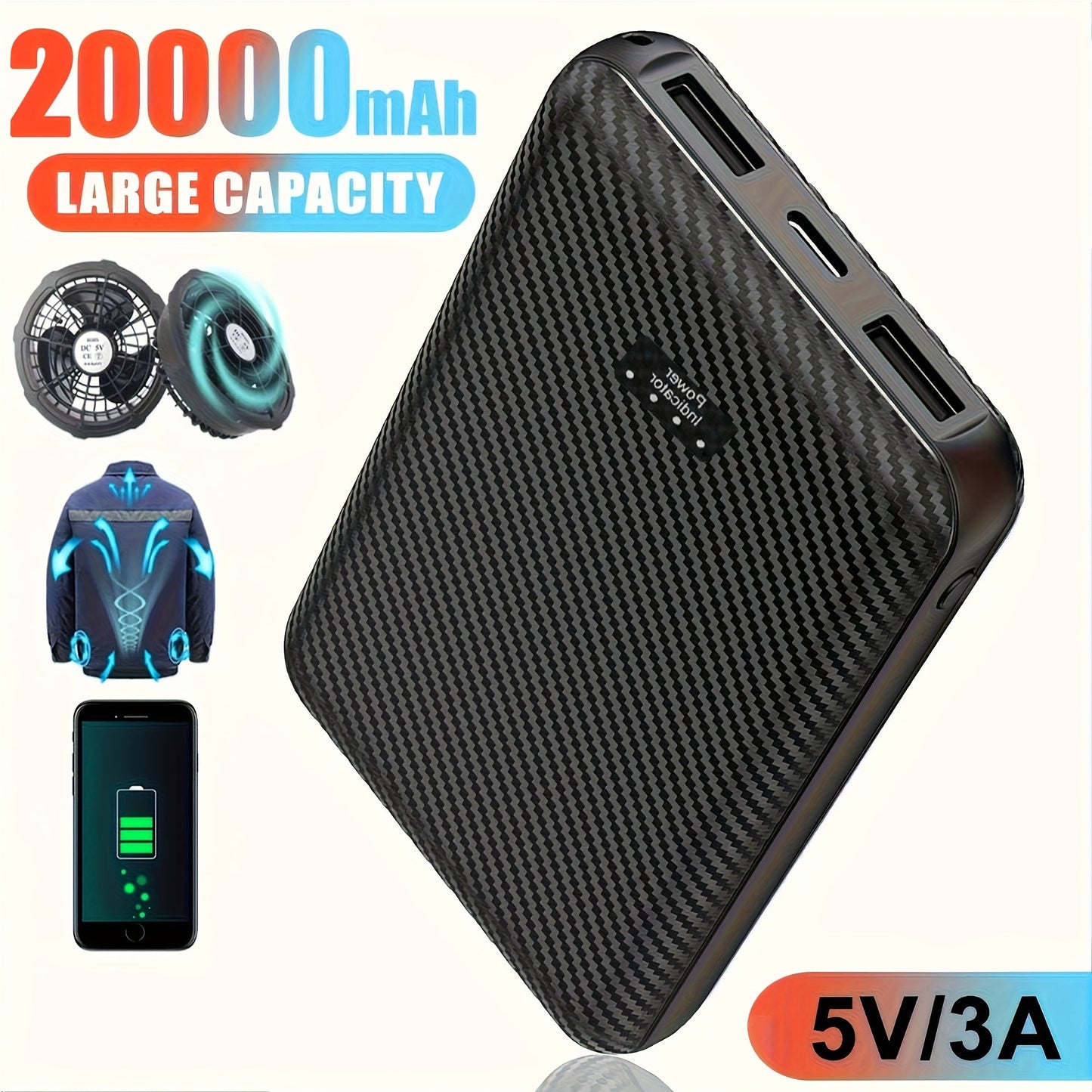 20000mAh Fan Vest Power Bank 5V 3A USB-C Portable Battery Pack for Cooling Fan Jacket Vest – Dual-Use External Charger for Outdoor Work, Construction, Summer Heat Relief, Hiking & Warehouse