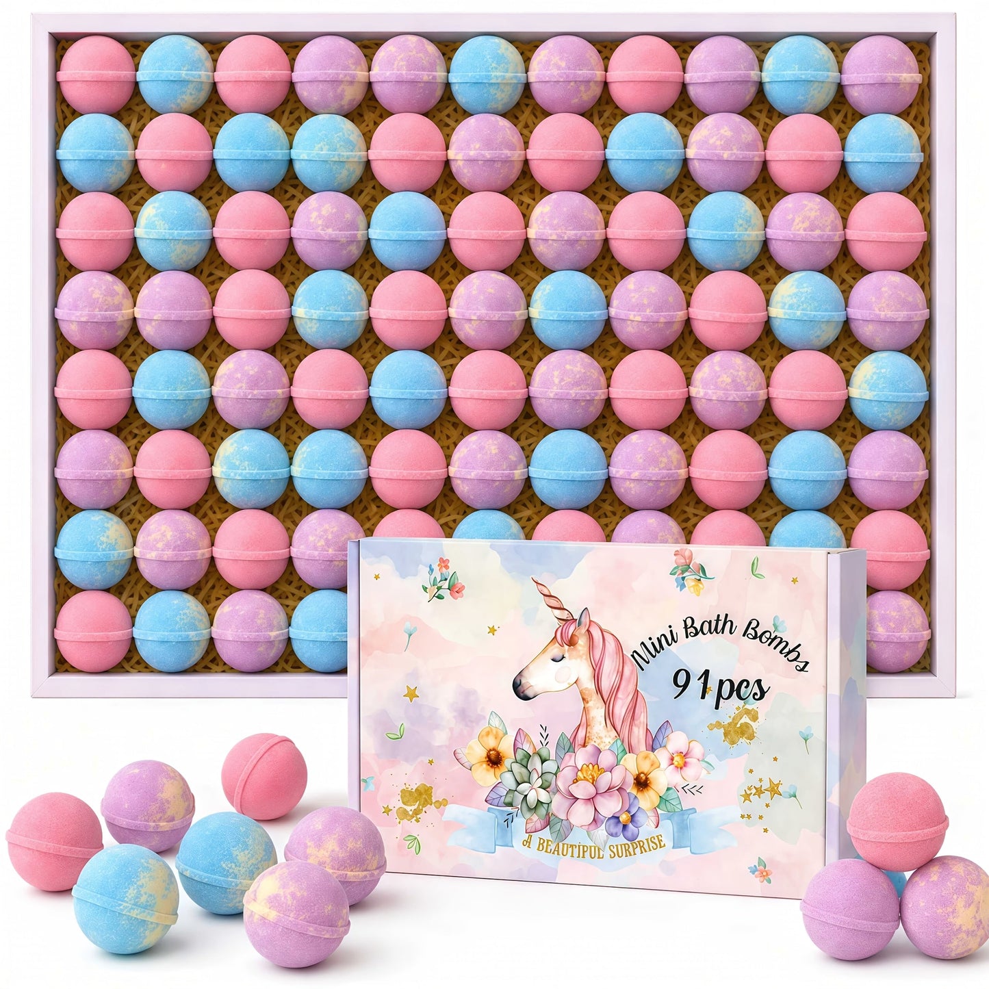 Bath Bombs, 91-Piece Mini Fizzer Set with 15g Round Pieces, Three Labeled Scents and Random Assorted Colors