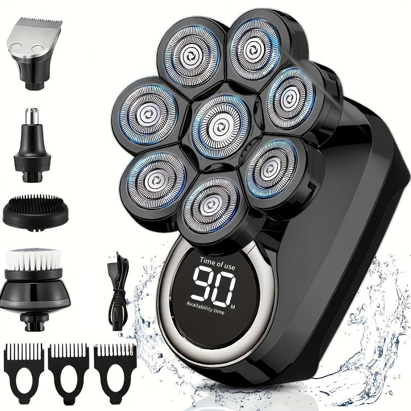 Electric Shaver 8-Blade 5-in-1 Grooming Kit with IPX7, USB-C Charging, Nose Trimmer and Facial Brush