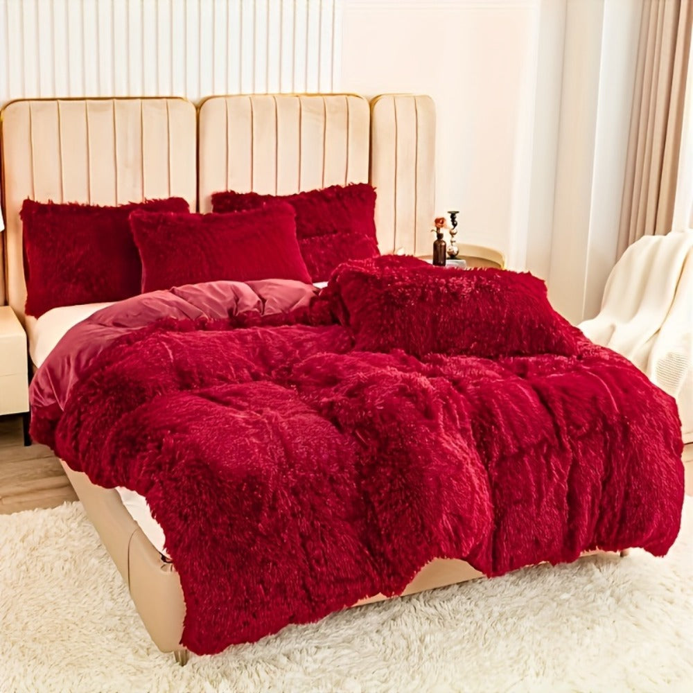 Three-Piece Plush Polyester Duvet Cover Set with Two Pillowcases in 14 Colors and Twin, Full, Queen or King Sizes