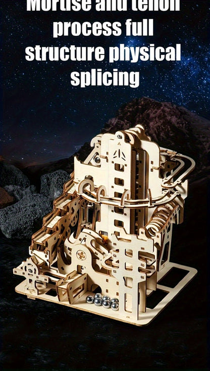 Wooden Marble Track Model Kit with Dual-Linkage A or B Builds, Laser-Cut Panels, Gears and Ball Rails