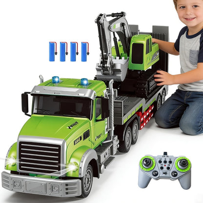RC Semi Truck with Flatbed Trailer & Alloy Excavator Set 1:12 Scale | 11-Channel Dual Control, Sound & Lights | Construction Engineering Toy for Kids Boys