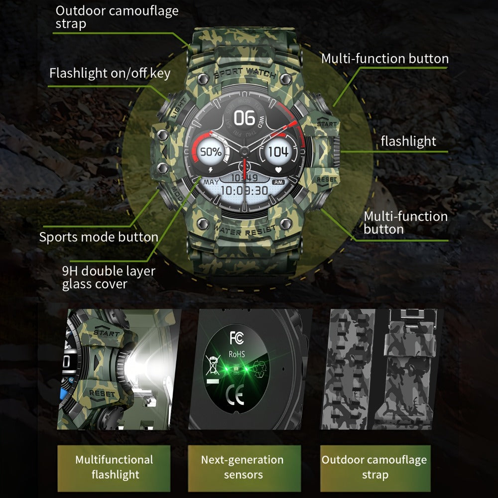 Smartwatch for Men 1.32 Inch Tactical Watch with LED Flashlight, SOS and 100+ Sport Modes in Eleven Colors