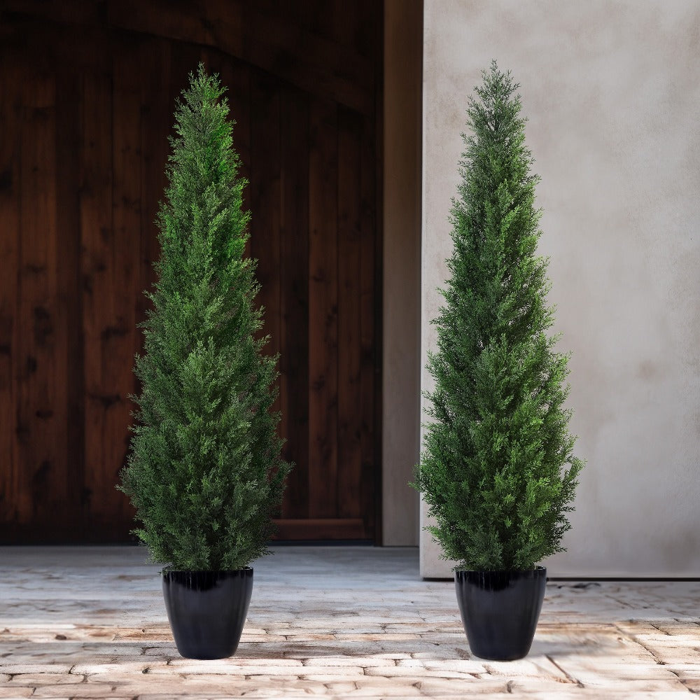 Artificial Cedar Topiary Tree with 3, 4 or 5 ft Height Options, Black Pot and Single or Two-Tree Sets