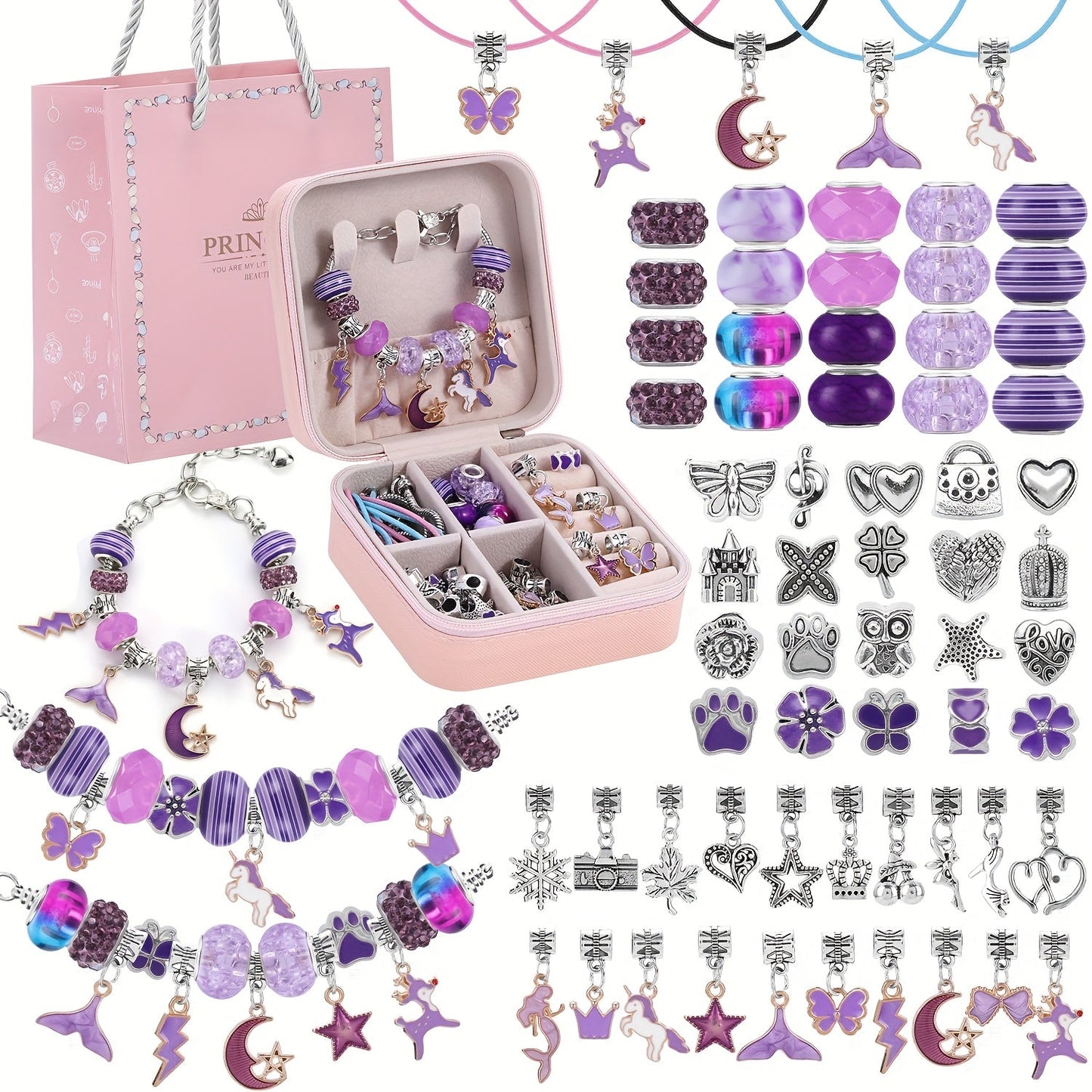 Bracelet Making Craft Kit with Portable Jewelry Box, Beads and Charms in Seven Color or Theme Options