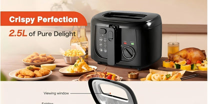 Electric Deep Fryer 1500W – 84.54oz Large Capacity, Adjustable Temperature Control, Non-Stick Basket, Viewing Window, Removable Lid, One-Touch Switch, Easy to Clean, Black & White Options
