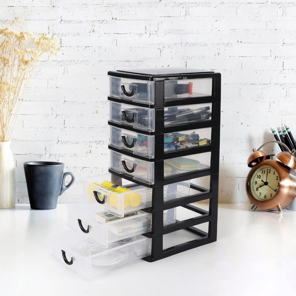 Seven-Drawer Desktop Organizer in Black or White, One- or Two-Piece Set with Clear Front Drawers