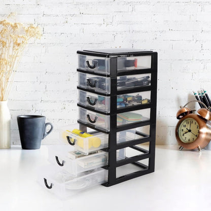 Seven-Drawer Desktop Organizer in Black or White, One- or Two-Piece Set with Clear Front Drawers