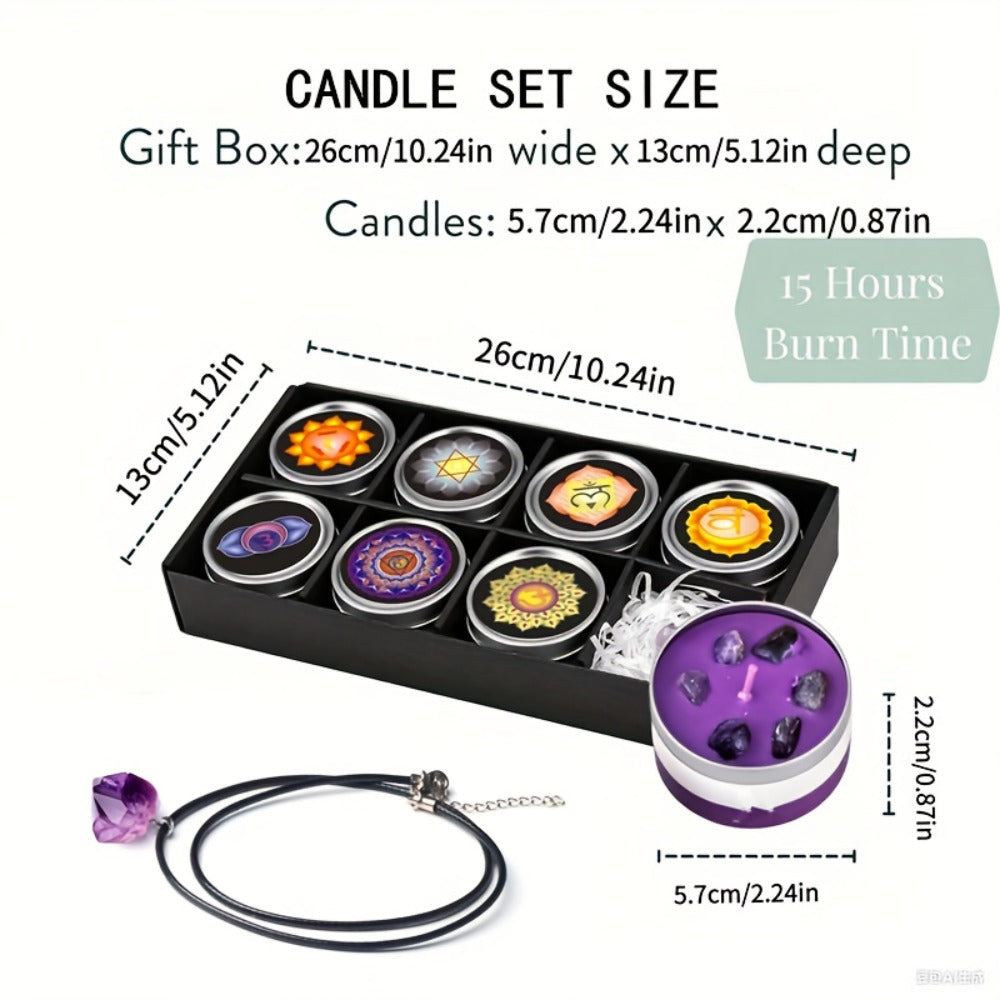 Seven-Piece Color Candle Gift Box with Crystal-Style Pendant Necklaces and Pictured 2.2 oz Tins
