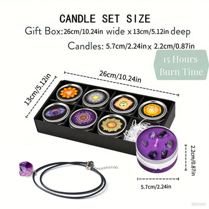 Seven-Piece Color Candle Gift Box with Crystal-Style Pendant Necklaces and Pictured 2.2 oz Tins