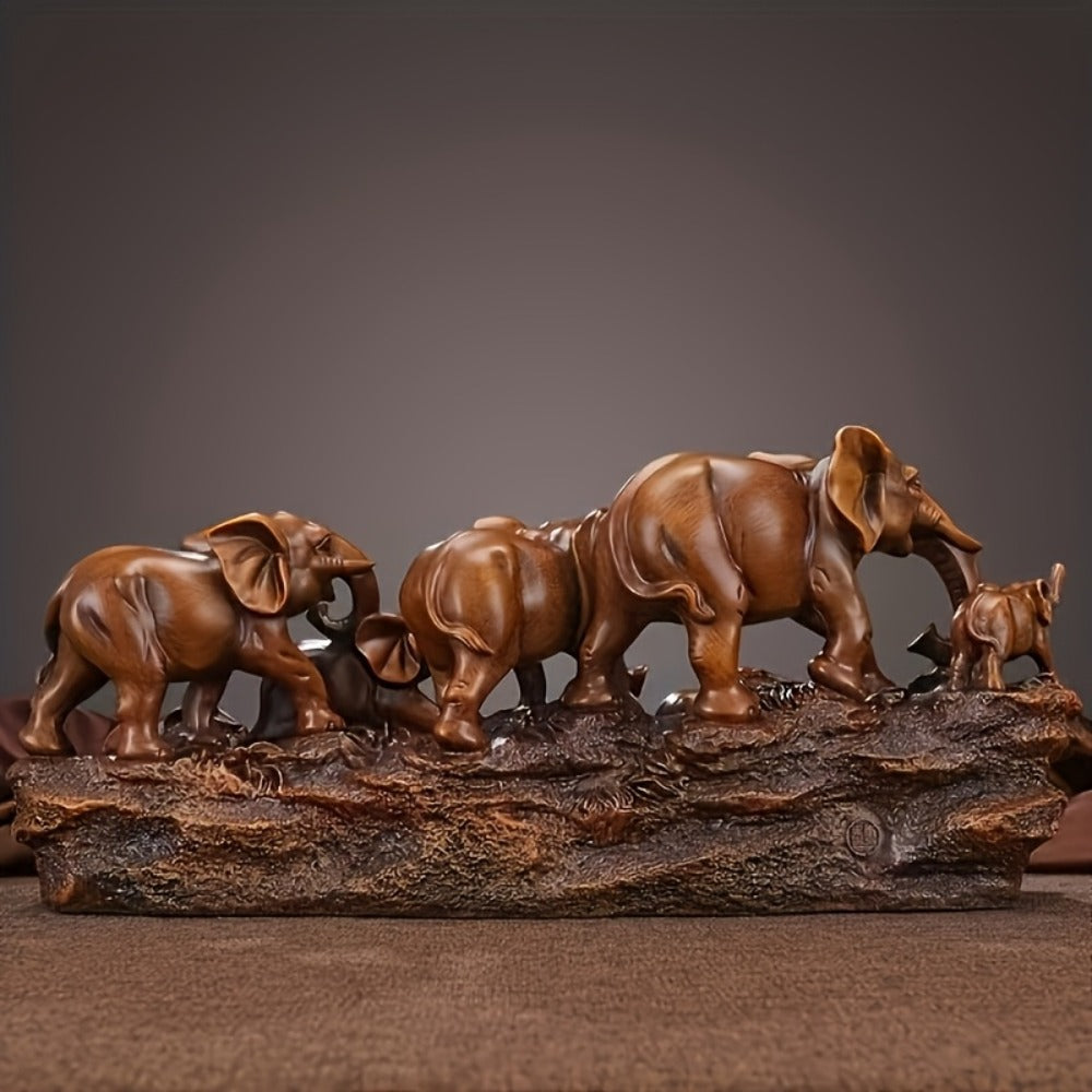 Elephant Family Figurine with Resin Herd Sculpture on Textured Base, 36 x 16 x 10cm Horizontal Shelf Format