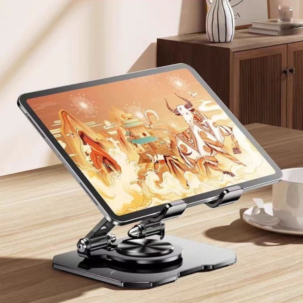 Black Rotating Metal Tablet Stand with Folding Desktop Base, 15 × 11.6 × 16 cm Label and Adjustable Viewing Angle