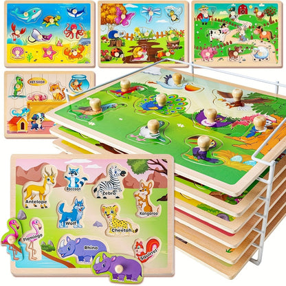 Six-Board Wooden Peg Puzzle Set with Metal Storage Rack and Scene or Animal Theme Checkout Options