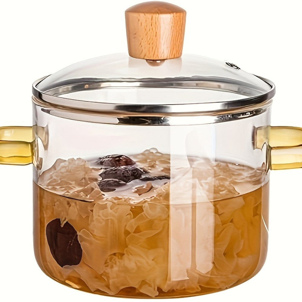 Glass Cooking Pot 54oz 1600ml Borosilicate Heat-Resistant with Lid – Transparent Dumpling & Ramen Pot for Stove & Oven | Odorless Easy-Clean Soup Milk Pot with Green or Yellow Stainless Steel Handle