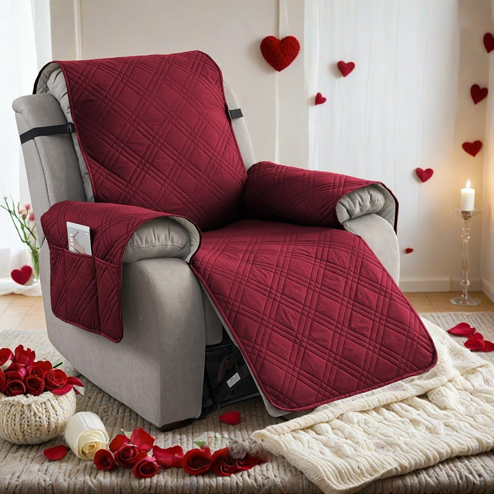 Chair Cover Quilted Recliner Throw with Side Pocket, Elastic Straps and Buckle in Ten Colors