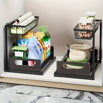 Two-Tier Pull-Out Cabinet Organizer with Upper and Lower Sliding Trays in Grey, Black or White Package Options