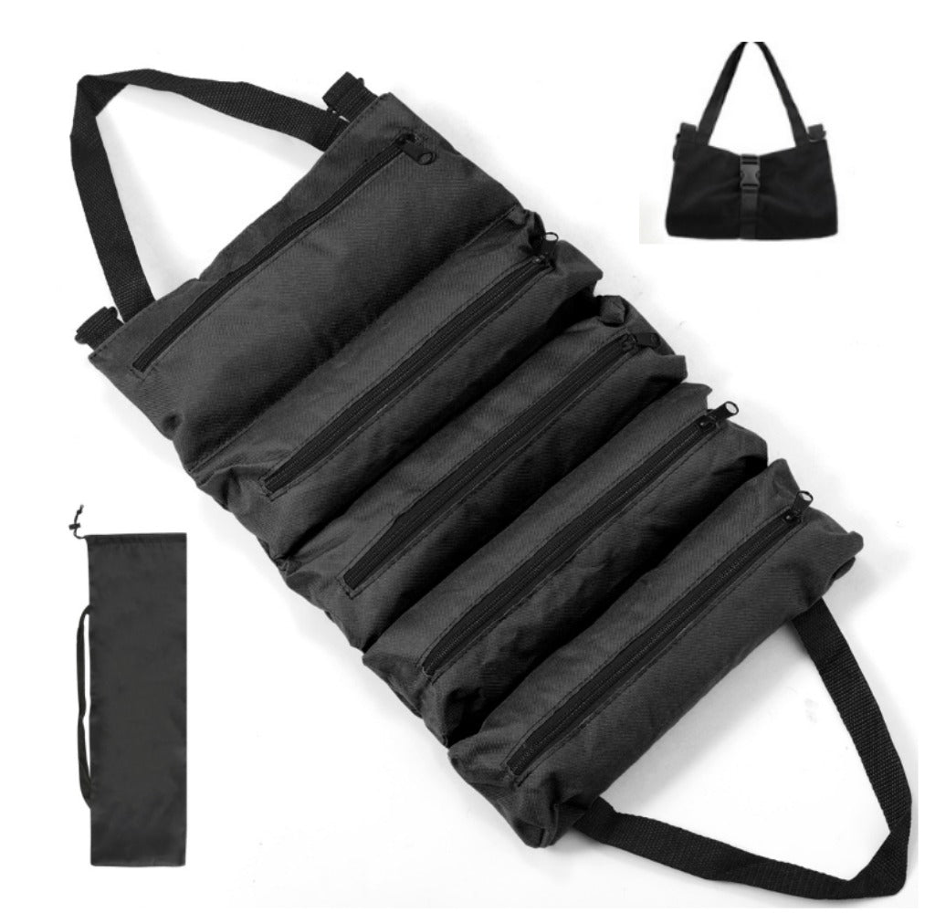 Collapsible Tool Roll Organizer Bag in Green or Black with Multiple Pockets and Carry Handles