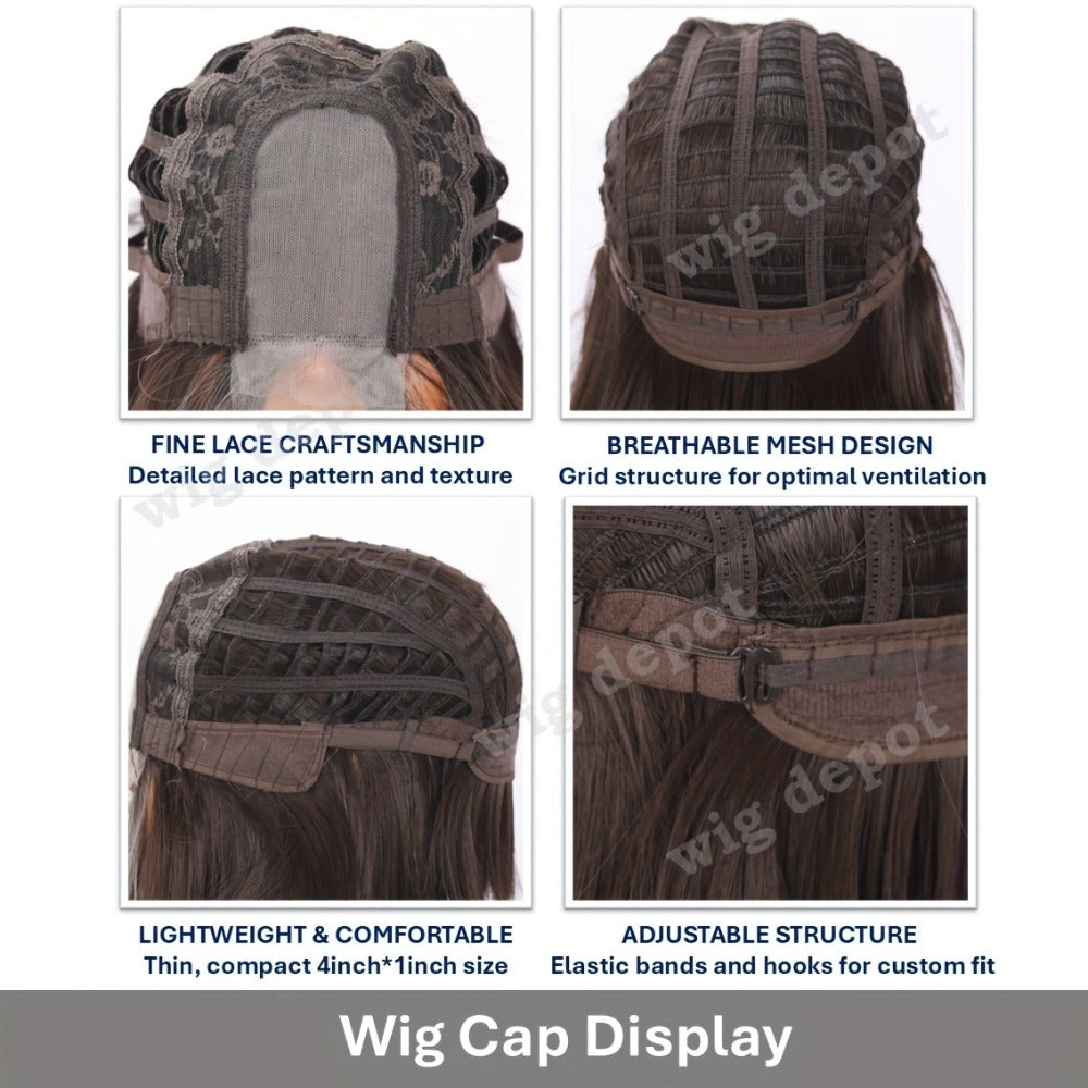 U Part Lace Front Bob Wig 4x1 Glueless Rose Net Cap Middle Part Natural Hairline Synthetic Wig for Women 14 Inch Brown Highlights Milky White Black Pink