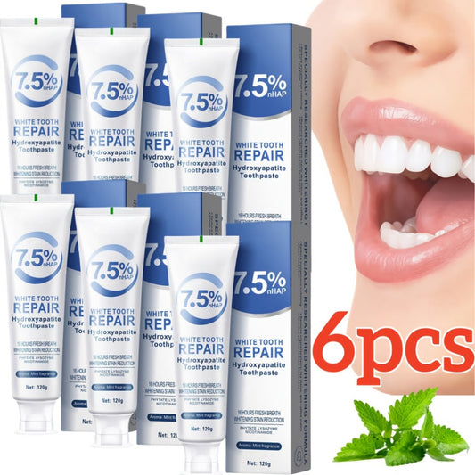 Hydroxyapatite Whitening Toothpaste 6 Pack - 7.5% Nano Deep Cleaning Gentle Non-Irritating Mint Fresh Breath Toothpaste for Sensitive Teeth, Daily Oral Care, Family & Travel Set