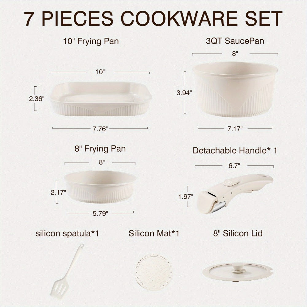 Detachable-Handle Cookware Set in 5-, 7- or 24-Piece Configurations with Stackable Pots, Pans and Lids