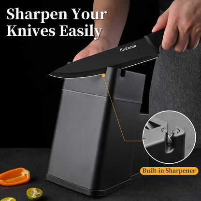 Black Kitchen Knife Set with Three-Piece or 14-Piece Options, Storage Block and Scissors on Larger Package