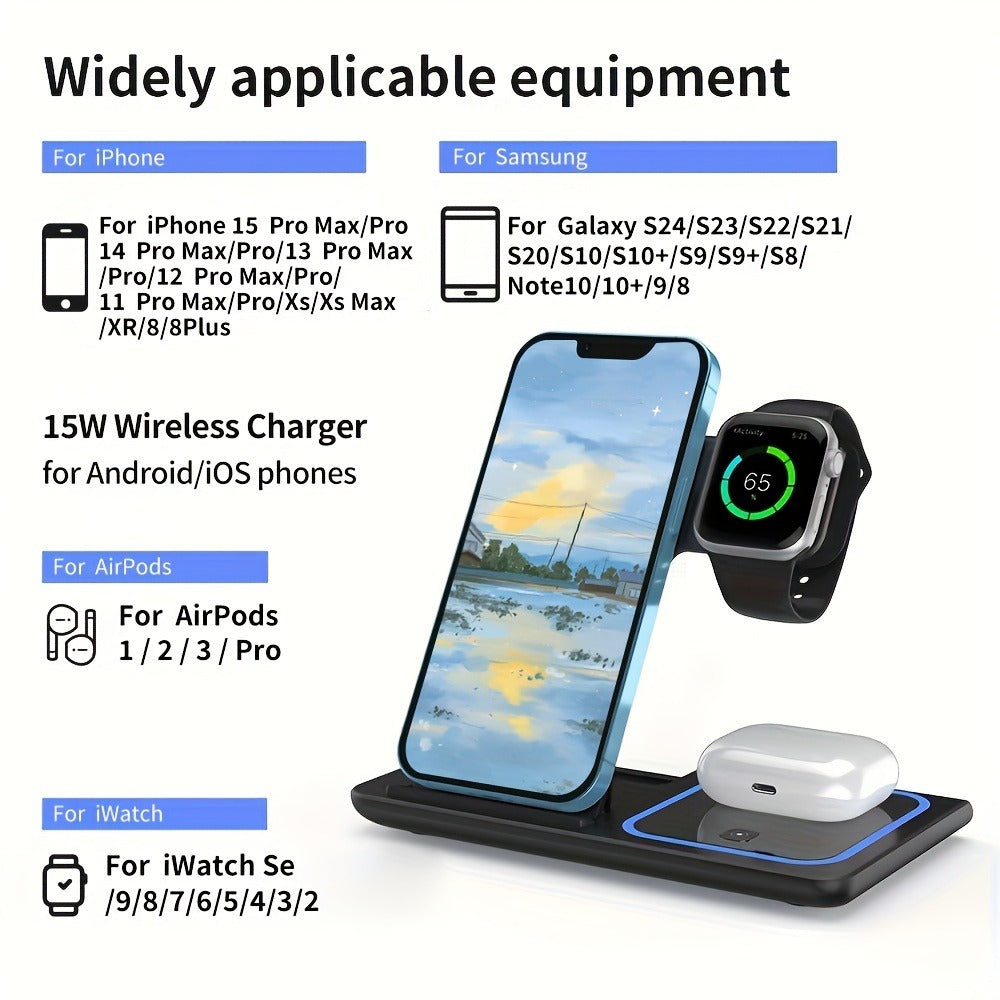 Wireless Charging Station, 3-in-1 15W MagSafe-Compatible Stand for iPhone, Apple Watch and AirPods in Three Colors
