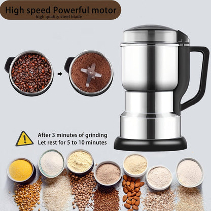 300W-Labeled Electric Coffee Grinder with Eight-Blade Assembly, 400ml Stainless Cup and Silver Finish