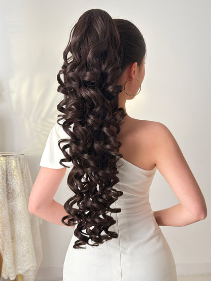 Curly Ponytail Extension 28 Inch Long Heat Resistant Synthetic Clip In Wrap Around Hairpiece Voluminous Bouncy Curls 4 Styles for Women Everyday Parties Festivals