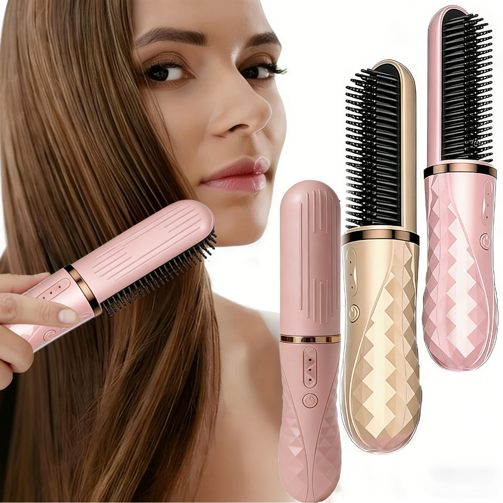 Cordless Hair Straightener Brush with USB-C Charging, Three Temperature Settings and Pink or Beige Finish
