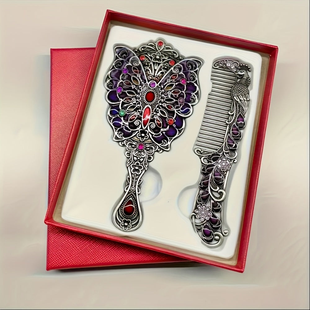 Decorative Peacock Comb and Handheld Mirror Two-Piece Set in Four Image-Bound Design Options