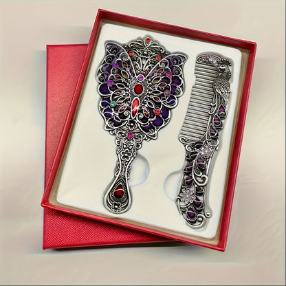 Decorative Peacock Comb and Handheld Mirror Two-Piece Set in Four Image-Bound Design Options