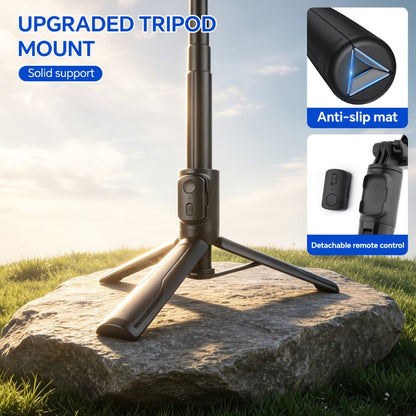 Black Selfie Stick Tripod with Telescoping Pole, Rotating Phone Clamp, Fold-Out Base and Remote