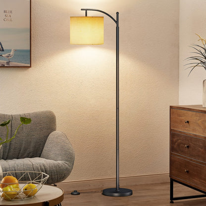 Black Arched Floor Lamp with Beige Drum Shade, Downward-Facing Light and Included 9W Three-Mode LED Bulb